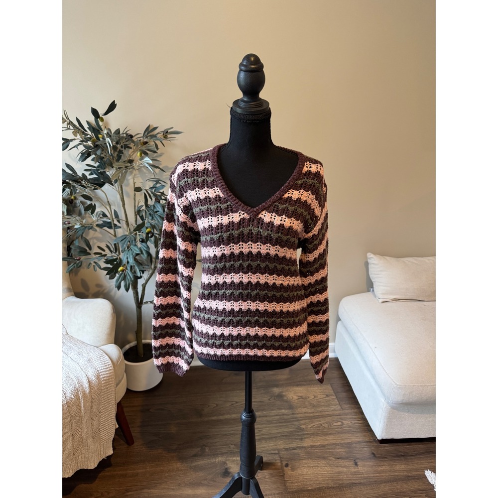 Melrose and Market Striped Pointelle Knit V-Neck Sweater Purple Green Pink XS
